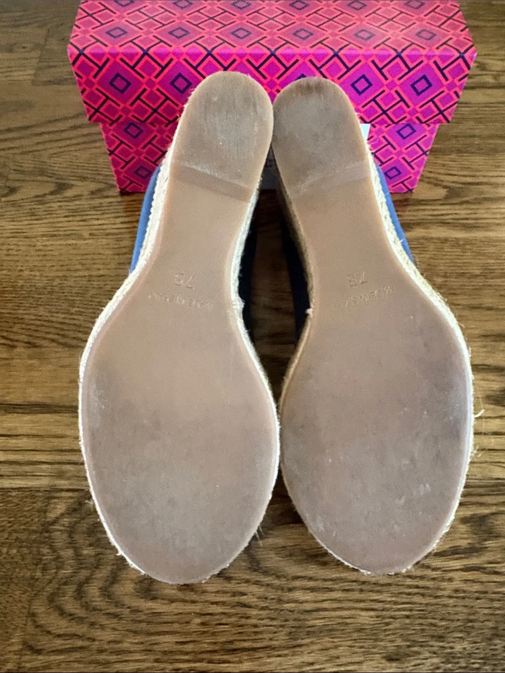 Tory Burch Navy Canvas Espadrille Wedge with Bow and Gold Logo